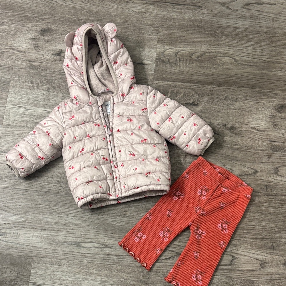 Old Navy Pink Frost Free Floral Jacket and Red Pants Set - size 6-12 months